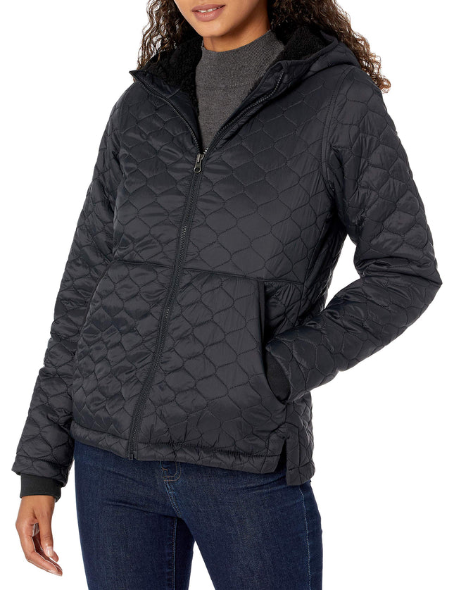 Amazon Essentials Women's Lightweight Quilted Full-Zip Water-Resistant Sherpa-Lined Hooded Puffer Jacket, Black, Large