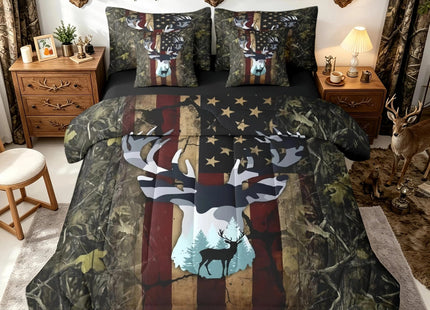 Feelyou American Flag Deer Cabin Comforter Set Full Size Kids Boys Girls