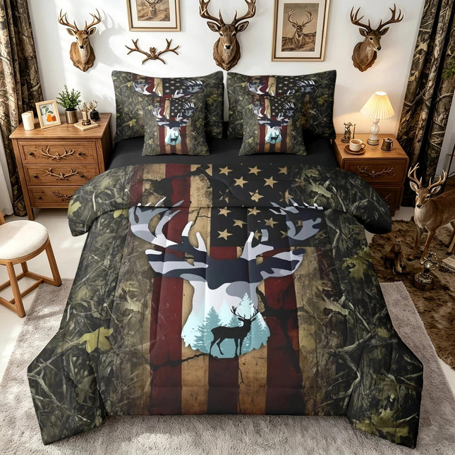 Feelyou American Flag Deer Cabin Comforter Set Full Size Kids Boys Girls
