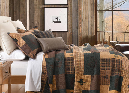 Finlonte Quilt King Size, 100% Cotton Cabin King Quilt, Lodge Cabin Farmhouse King Comforter Sets, Lightweight Reversible Qulted Bedspread Set for All Seasons, Dark Brown/Dark Green