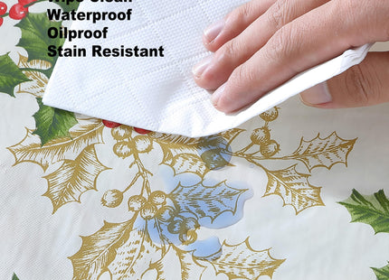 Newbridge Christmas Ivory Golden Holly 60x84” Oval Vinyl Tablecloth