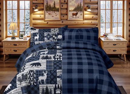 2 Piece Cabin Quilt Sets Twin Size Farmhouse Rustic Reversible Microfiber Soft Lightweight Bedspread Comforter with 1 Sham Patchwork Country Lodge Bedding Quilts Set for All Season, 68''x86'', Blue