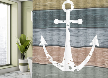 Ambesonne Anchor Shower Curtain, Timeworn Marine Pattern and Grunge Weathered Wooden Planks Rustic Style Nautical, Cloth Fabric Bathroom Decor Set with Hooks, 69" W x 75" L, Khaki Teal