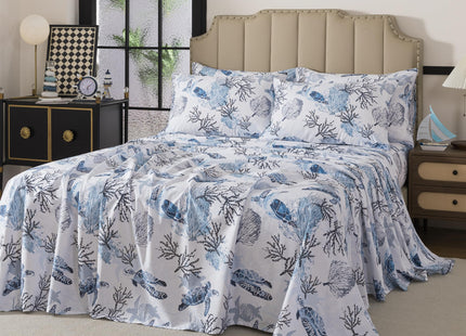 FADFAY Twin XL Sheet Set 4 Pieces, 100% Cotton Coastal Sea Turtle Bed Sheets, Soft Breathable College Bedding, Deep Pocket Fitted Sheet, Blue White Nautical Ocean Coral Seaweed Sheets for Dorm Room