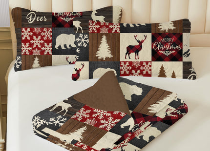 NIDITW 3-Piece Christmas Patchwork Quilt Set King Size Deer Bear Snowflake Pine Tree Brown Bedspread with 2 Pillow Shams Soft Lightweight Microfiber Bedding Set Coverlet Home Decor (New Brown, King)