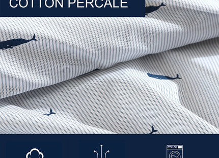 Nautica - Queen Size Sheet Set, Crisp Cotton Percale Bedding with Matching Pillowcases, Fully Elastic Fitted Sheet, Deep Pocket, Nautical Room Decor, Breathable All-Season Comfort (Whale Stripe Blue)