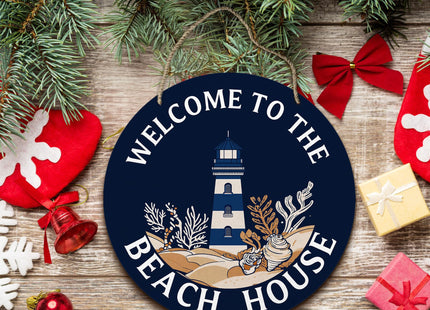 PHAMTE Coastal Beach House Round Wreath Sign, Navy Blue Nautical Lighthouse Wall Hanging Plaque Wood Sign, Welcome to the Beach House Decor Decorations for Wall Pediments Door Porch Room 12 Inch