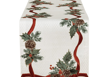 Lintex Evergreen Garland Double Ribbon Bordered Christmas Fabric Table Runner, 70 Inch Long, Holly and Pine Cone Print, Easy Care Country Cottage Holiday Runner for Dining and Buffet Tables