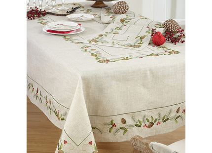SARO LIFESTYLE 1851.N1668B Joyeuses Fêtes Collection Embroidered Pinecone And Holly Table Runner, 16" x 68", Natural