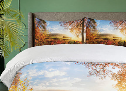 Ambesonne Forest Duvet Cover Set, Autumn Landscape The Sun Warmly on a Bench Under Tree Scene Holiday, Decorative 3 Piece Bedding Set with 2 Pillow Shams, King Size, Orange Blue