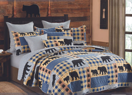 Virah Bella Black Bear Plaid 3-Piece Full/Queen Quilt Bedding Set - Rustic Cabin Lodge Reversible Coverlet with 2 Matching Standard Shams - Soft Microfiber Wilderness Bedspread, 90" x 90"