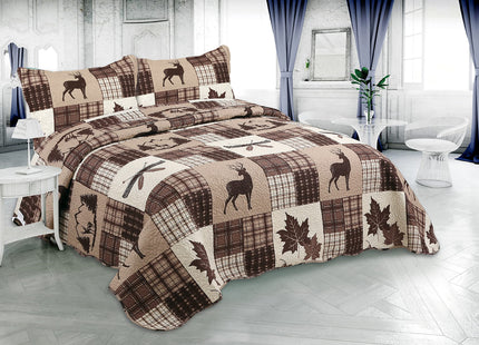 Marina Decoration Rich Printed Embossed Pinsonic Coverlet Bedspread Ultra Soft 2 Piece Summer Quilt Set with 1 Quilted Sham, Brown Cabin Maple Deer Plaid Pattern Twin/Single Size