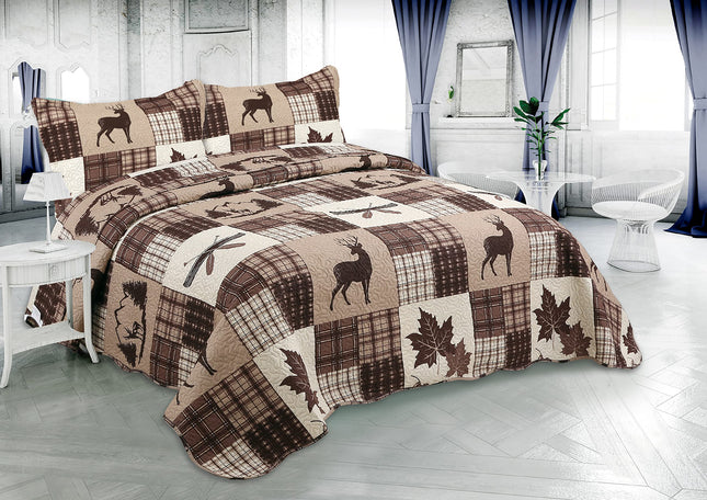 Marina Decoration Rich Printed Embossed Pinsonic Coverlet Bedspread Ultra Soft 2 Piece Summer Quilt Set with 1 Quilted Sham, Brown Cabin Maple Deer Plaid Pattern Twin/Single Size