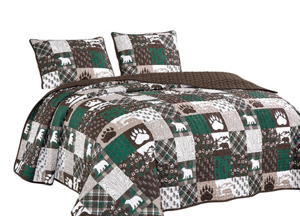 3 Pcs Rustic Cabin Quilt Set Bear Paw Patchwork Lodge Bedding, Brown, Queen