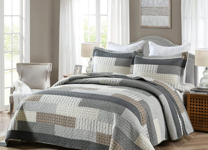 PERHOM Quilt Queen Size - 100% Cotton Farmhouse Rustic Queen Quilt Set, Cabin Bedding Set Bedspreads, Lodge Lightweight Patchwork Plaid Quilted Comforter for Queen Bed, Grey/Brown/Beige