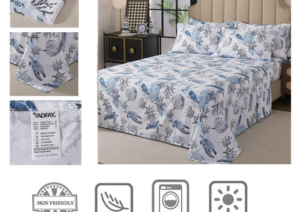 FADFAY Twin XL Sheet Set 4 Pieces, 100% Cotton Coastal Sea Turtle Bed Sheets, Soft Breathable College Bedding, Deep Pocket Fitted Sheet, Blue White Nautical Ocean Coral Seaweed Sheets for Dorm Room