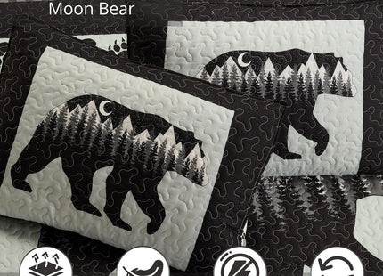 Virah Bella Moon Bear 3-Piece Full/Queen Quilt Set - 90"x90" Reversible Silhouette Cabin Bedding with 2 Standard Pillow Shams - Rustic Lodge Black Bear Paw Print Woodland Mountain Coverlet