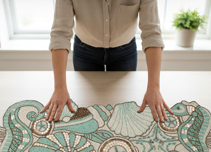CLEENTABLE Coastal Beaded Table Runner, Green Brown