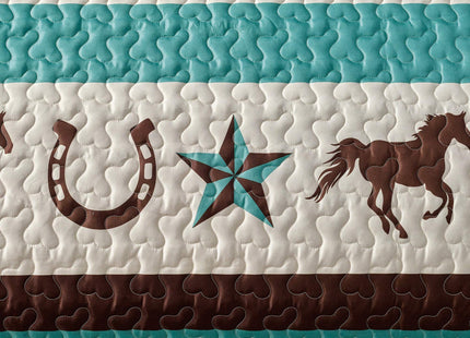 WPM WORLD PRODUCTS MART Western Teal/Beige/Brown Horseshoe, Horse, Barb Wire Cowboy Print Queen Size Bedspread 3 Piece Southwestern Cabin Lodge Design Coverlet Quilt Set- JENA (Queen)
