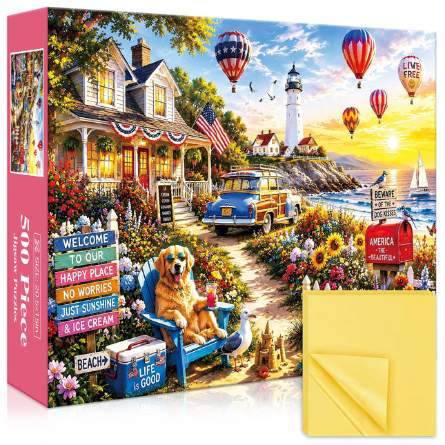 500 Piece Jigsaw Puzzle for Adults – Peel & Stick Puzzle Saver Sheets Included, American Lighthouse Cottage Scene, Dog, Hot Air Balloons & Ocean Sunset, Home Decor, 20.5 x 15 in