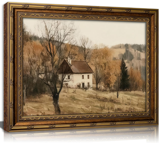 Vintage Gold Framed Autumn Country Cottage Wall Art ，Rustic Farmhouse Landscape Canvas Prints, Retro Fall Cabin Painting for Living Room Bedroom Kitchen Wall Decor，9x11in
