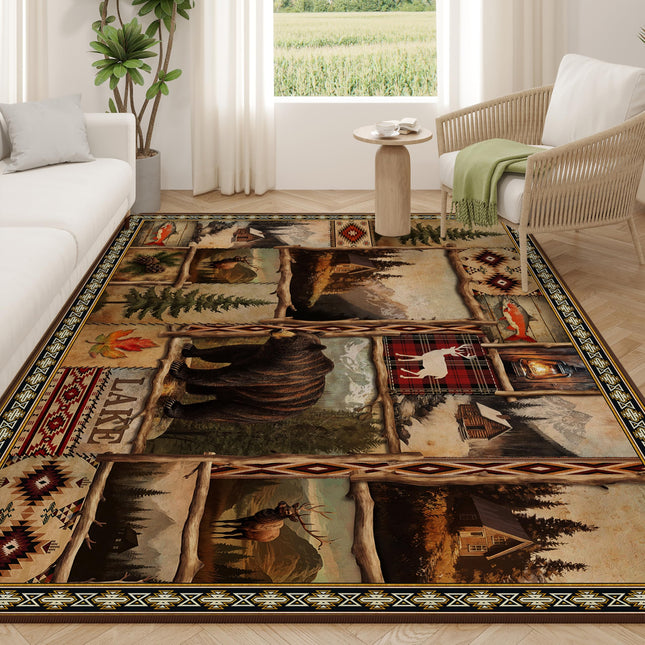 Vintage Moose Bear Cabin Rugs for Living Room 5'x7', Non-Slip Machine Washable Farmhouse Rustic Lodge Area Rug Carpet for Bedroom Indoor Dining Floor Carpet, Brown Rustic Living Room Decor
