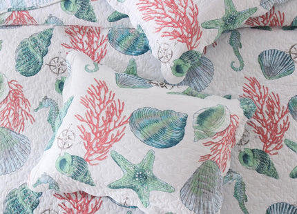 ABREEZE Coastal Beach Theme Bedding Queen Size Quilt Set Coverlet Cotton Reversible Starfish Seashell Conch Bedspread Coverlet Seaweed Coral Bed Cover with 2 Pillow Shams