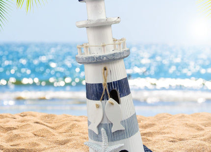 Puzzled COTA Global Large Blue White and Blue Stripes Wooden Lighthouse Decor - Cute Nautical Theme Decor Lighthouse with White Starfish Decor and Hanging Fish Decorative Ornaments - 4.5x11 Inches