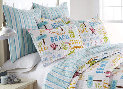 Levtex Home homThreads Beach Days Quilt Set - Twin/Twin XL Quilt (68x86in) + One Standard Pillow Sham (26x20in) - Coastal Beach - Teal Blue Yellow Green Brown Pink - Reversible - Cotton/Polyester