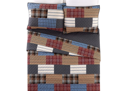 Cabin Patchwork Plaid 100% Cotton 3-Piece Quilt Set, Reversible Lightweight Quilt and Shams, Coverlet Set (King Size, Red/Blue/Beige)