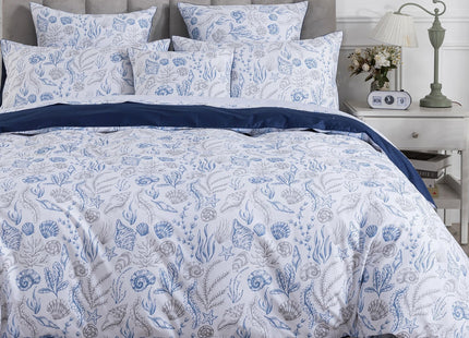 FADFAY Coastal Duvet Cover Set Queen 100% Cotton, 3 Piece Beach Themed Bedding, Cooling & Crisp Summer Comforter Cover, Navy Blue Nautical Seashell Print, Soft & Breathable with Hidden Zipper Closure