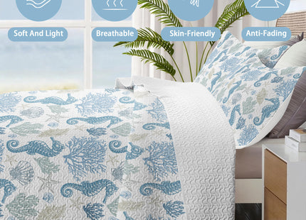 Nautical Queen Quilt Set, Coastal Seahorse Bedding, 3 Piece, 90"x96"