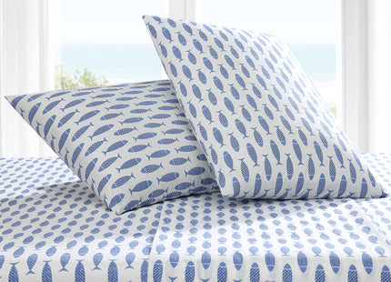 Nautica - Queen Size Sheet Set, Crisp Cotton Percale Bedding with Matching Pillowcases, Fully Elastic Fitted Sheet, Deep Pocket, Nautical Room Decor (Woodblock Fish Blue)