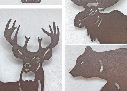 WAIU Set of 3 Brown Metal Deer Bear Moose Pine Tree Wall Decor 9.3 Inch, Rustic Cabin Indoor Outdoor Hanging Ornament