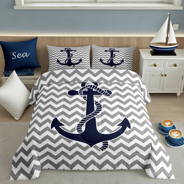 Castle Fairy Gray Stripes Comforter Set Full Size,Geometric Anchor Bedding Set 3pcs for Kids Boys Adults Home Room Decor,Nautical Adventure Themed Quilt Set Modern Abstract Bedspread,2 Pillowcases