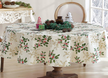 Newbridge Christmas Ivory Golden Holly 60x84” Oval Vinyl Tablecloth