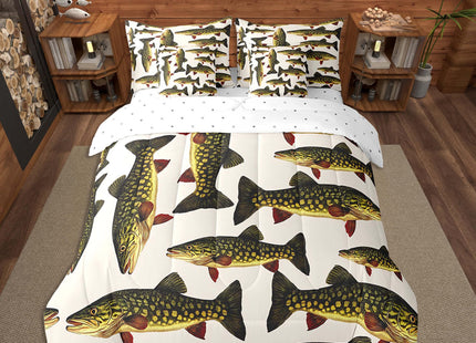 Feelyou Pike Fish Comforter Set 7 Pieces Twin Size Fishing and Hunting Bedding Set for Kids Boys Girls Rustic Cabin Country Bed in a Bag with Comforter + Sheets + Pillowcases + Cushion Covers
