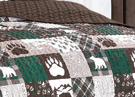 3 Pcs Rustic Cabin Quilt Set Bear Paw Patchwork Lodge Bedding, Brown, Queen