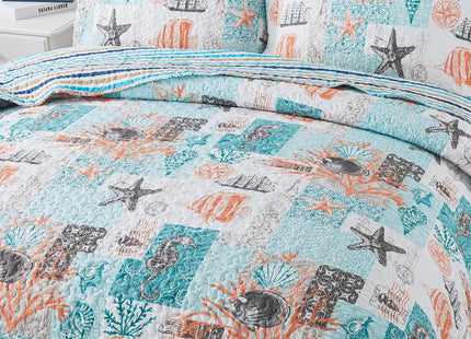 Travan Beach Quilt King Size, Ultra Soft & Fade Resistant Coastal Quilt with 1 Quilt Set and 2 Shams, Seaside Collection Bedspread for All Season, Ancient Mark-01, King