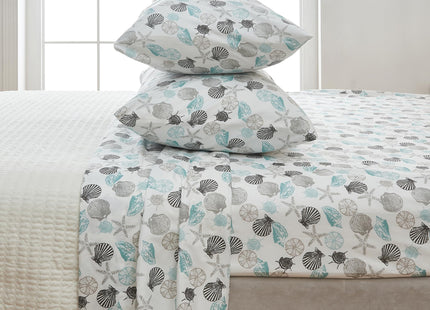Great Bay Home Queen Coastal Microfiber Sheet Set - 4-Piece Nautical-Printed, Ultra-Soft Sheets - Beach-Themed Bedding Sheets & Pillowcases (Seashell)