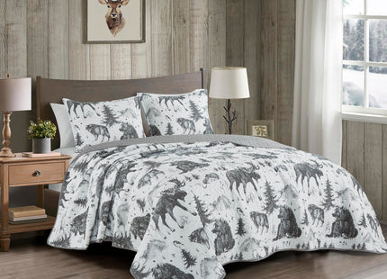 Chezmoi Collection Denver 3-Piece Southwestern Lodge Quilt Set King - White Black Gray Grizzly Bear Wolves Moose Pine Tree Mountain Printed Microfiber Lightweight Bedspread Set for All Season