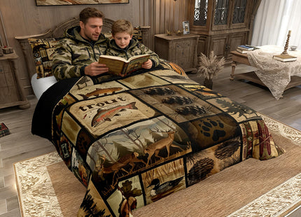 Feelyou Rustic Cabin Comforter Set Full Size, Wildlife Hunting Quilt Set Bear Deer Elk Fish Hunting Bedding Set for Kids Boys Teens Room Decor, Western Country Farmhouse Duvet Insert