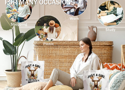 WAITPI Moose Canvas Tote Bag Gifts for Women Moose Lovers Owner, Cute Floral Who Loves Animal Tote Bags, Funny Christmas Aesthetic Reusable Tote Bag for Shopping Camping
