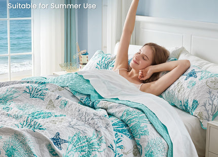 Qucover Coastal Quilt King Size 98"x106", Ocean Beach Themed Bedding with Seashell Coral Pattern, Soft Lightweight Reversible Microfiber Bedspread, Nautical Coverlet for Summer, Teal Green