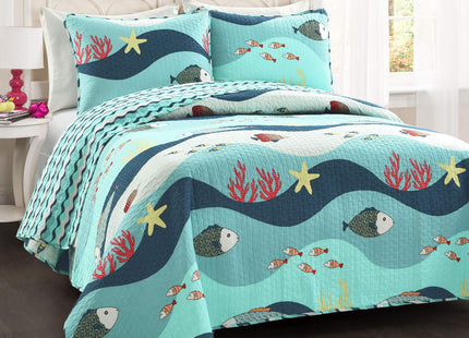 Lush Decor Sea Life Reversible Cotton Quilt Twin Size 3 Piece Set Blue - Kids Bedding Set Twin Quilt Blue - Coastal Bedroom Decor - Beach House