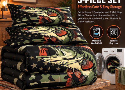 Castle Fairy Bass Fish Camouflage Full Size Comforter Set Farmhouse Fishing Bedding Set for Kids Adults Teens Retro Green Camo Comforter Luxury Bass Fish Pattern Quilt Set Room Decor 3Pcs