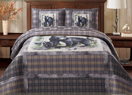 Virah Bella 3-Piece King Lodge Quilt Bedding Set - Rustic Bear Family Panel Country Reversible Coverlet with 2 Decorative King Pillow Shams - Lightweight Soft Microfiber Bedspread for Cabin Décor