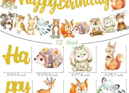 Woodland Animal Happy Birthday Banner Woodland Creatures Banner Decorations 2Pcs Forest Animals Cutout Banners for Woodland Theme Baby Shower Supplies