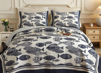 3-Piece Cotton Coastal Quilt Set, Navy Fish Bedspread with Shams, King