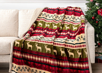 PAVILIA Premium Christmas Sherpa Throw Blanket, Green Red Cabin Design with Reindeer Print, Ultra Soft Reversible Fleece & Sherpa 50x60 Cozy Winter Blanket, Cozy Christmas & Holiday Decor